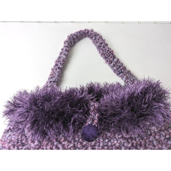 Vintage Crochet Knitted Purple Shoulder Bag Buttoned Single Strap Handmade - Picture 3 of 8